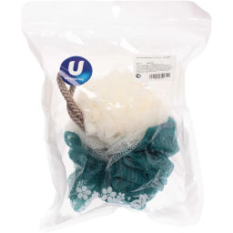 Цена за 4 шт. Мочалка для тела "Premium - NATARIO", цвет белый / бирюзовый, 19*12см, 50гр (зип пакет и наклейка Ultramarine)