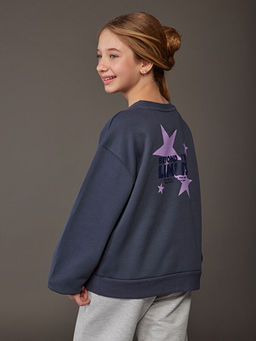 Bisiklet Yaka Bask?l? K?z ?ocuk Kal?n Sweatshirt