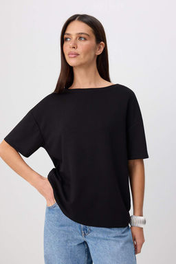 Siyah Regular/Normal Kal_p V Yaka Kolsuz Dantel Detayl_ Krep _rme T-shirt TWOSS26TS00305 - Trendyolmilla фото 2