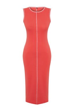 Nar Cicegi Fitted/Vucuda Oturan Karyoka Dikis Detayl? Fitilli Esnek Orme Midi Elbise TWOSS24EL00884 - Trendyolmilla фото 7