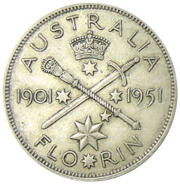Монета 1 флорин (2 шиллинга) 1951 года Австралия  50 лет Федерации