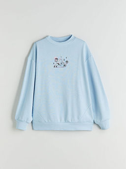 Bisiklet Yaka Stitch Bask?l? K?z ?ocuk Sweatshirt