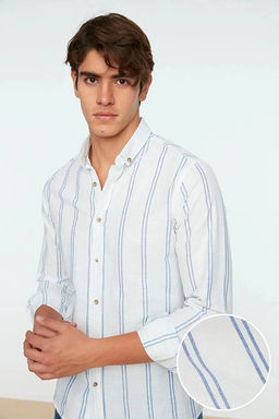 Beyaz Slim Fit D__meli Yaka _nce _izgili G_mlek TMNSS20GO0092