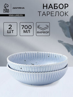 Тарелки глубокие Доляна Коралл, 700 мл, d=18.2 см, набор 2 шт., фарфор, голубые