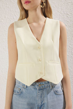 Ac?k Sar? Regular Crop Dokuma Yelek TWOSS22YE0053