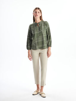 Ba?lamal? Yaka Desenli Uzun Kollu Kad?n Bluz