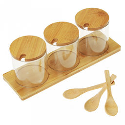 Банка для сыпучих продуктов стеклянная Натурель 0,35л, д7,9см h8см, бамбуковая крышка, бамбуковая ложка 13см, набор 3 штуки, на бамбуковой подставке 29х9,4х1,3см, в цветной коробке (Китай)