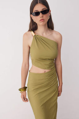 Haki Bel Cut Out/Pencere Detayl? Dokuma Midi Elbise TWOSS25EL00887 - Trendyolmilla фото 6