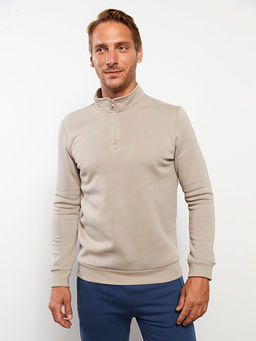 Dik Yaka Uzun Kollu D?z Erkek Kal?n Sweatshirt