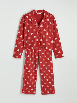 G?mlek Yaka Kalp Desenli Kad?n Pijama Tak?m?