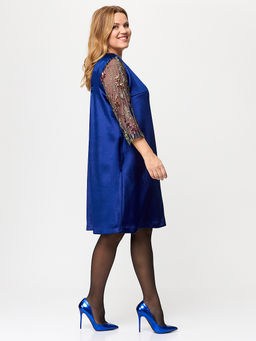 Платье из синего бархата с вышивкой на рукавах - Almond фото 2