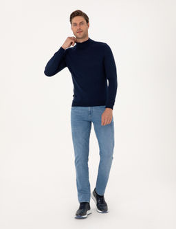 A__k Lacivert Slim Fit Yar_m Bal_k__ Yaka Basic Triko Kazak