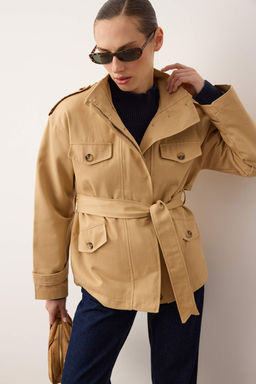 Bej Dik Yaka Cep Detayl? Mono Kapama Oversize Midi Trenckot TWOAW26TR00024