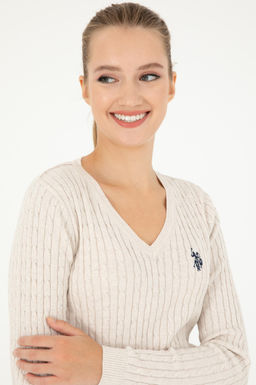 Женский кремовый меланжевый базовый свитер с v-образным вырезом Неожиданная скидка в корзине - U.s. polo assn фото 2