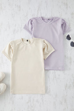 Lila-Tas 2li K?z Cocuk Regular/Normal Kal?p Balon Kol Orme T-Shirt TKDSS25TS00056