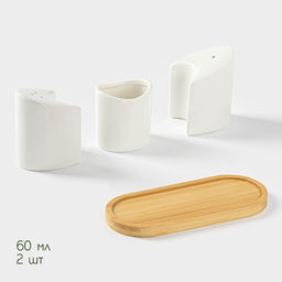 Набор для специй BellaTenero, солонка 60 мл, перечница 60 мл, ёмкость для зубочисток, на бамбуковой подставке, фарфор, белый фото 3