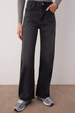 Siyah Yuksek Bel Pacas? Kesikli Wide Leg/Genis Paca Palazzo Comfort/Esnek Smoke Jeans TWOAW26JE00081
