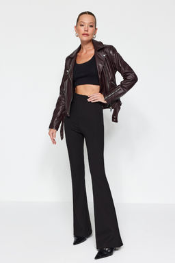 Siyah Inceltici Yuksek Bel Flare/Ispanyol Paca Orme Pantolon TWOAW24PL00164 - Trendyolmilla фото 2