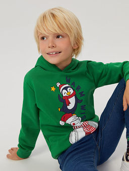 Kap??onlu Y?lba?? Temal? Uzun Kollu Erkek ?ocuk Sweatshirt