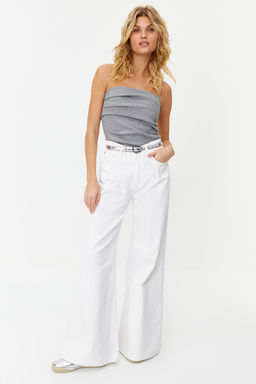 Trendyolmilla Ekru Drape Detayl? Lurexli/Simli Straplez Esnek Orme Bluz TWOSS24BZ00136  фото 3