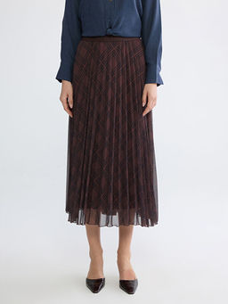 Beli Lastikli Ekose Desenli Pileli Etek