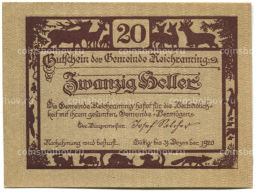 20 геллеров 1920 года Австрия  Рейхрейминг (нотгельд)