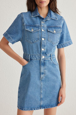 Mavi Cep Detayl? K?sa Kollu Mini Denim Gomlek Elbise TWOSS25EL00156