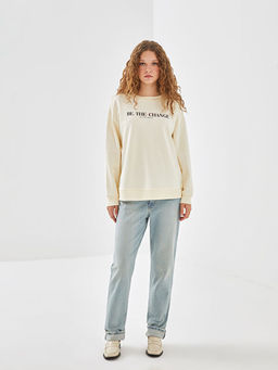 Bisiklet Yaka Bask?l? Oversize Kad?n Sweatshirt