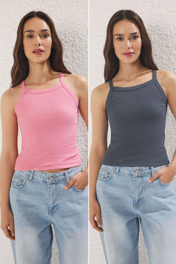 TRENDYOLMILLA Antrasit-Pembe 2li Paket Halter Yaka Vucuda Oturan Fitilli Esnek Orme Atlet TWOSS24AL00055