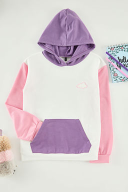 Beyaz K?z Cocuk Renk Bloklu Orme Sweatshirt TKDAW25SW00129