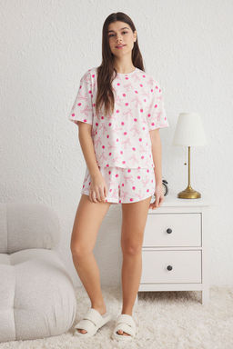 Trendyolmilla Ac?k Pembe %100 Pamuklu Kurdele/Fiyonk Desenli Sortlu Orme Pijama Tak?m? THMSS25PT00160