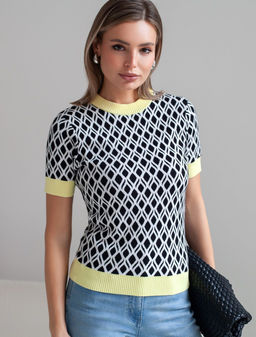Джемпер с коротким рукавом жаккардовой вязки с принтом ромб