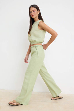 Su Yesili Beli Lastikli %100 Keten Dokuma Pantolon TWOSS26PL00144 - Trendyolmilla фото 2