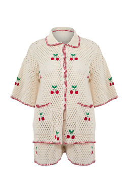 Ekru Triko Oversize Kiraz Motifli 100% Pamuk Plaj Gomlek Sort Tak?m TBESS26AU00009 - Trendyolmilla фото 4