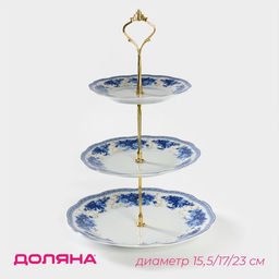 Этажёрка для фруктов и десертов Доляна «Дымка», 3 яруса, d=15.5/17/23 см, керамика, белая