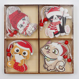 Елочные игрушки в деревянной подарочной упаковке 12 шт., 13×13×2 см