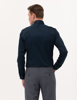 Lacivert %100 Pamuk Parlak Saten Slim Fit Uzun Kollu Basic G_mlek