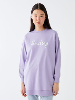 Bisiklet Yaka Bask?l? Uzun Kollu Oversize Kad?n Sweatshirt Tunik