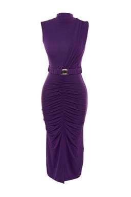 TRENDYOLMILLA Siyah Fitted/ Vucuda Oturan Kolsuz Drape Detayl? Kemerli Midi Esnek Orme Kalem Elbise TWOSS22EL0756  фото 25