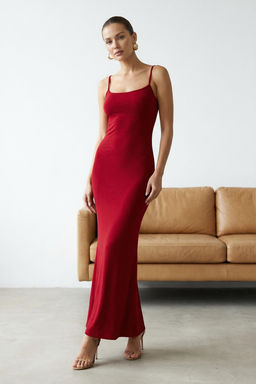 K?rm?z? Maxi Bodycone/Vucuda Oturan Ask?l? Esnek Orme Elbise TWOSS23EL02435