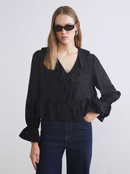 V Yaka Desenli F?rf?rl? Bluz