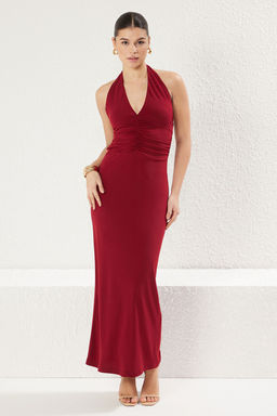 TRENDYOLMILLA Bordo V Yaka Buzgu/Drape Detayl? Bodycone/Vucuda Oturan Esnek Maxi Orme Elbise TWOSS25EL00096