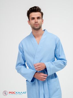 Мужской вафельный халат с планкой голубой В-03 (2)