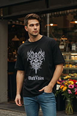 TRENDYOL MAN Siyah Oversize/Genis Kesim Bisiklet Yaka Bask?l? %100 Pamuk T-Shirt TMNSS25TS00168
