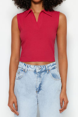 Trendyolmilla Siyah Fitted/Vucuda Oturan Polo Yaka Crop Esnek Orme Bluz TWOSS22BZ0335 фото 45