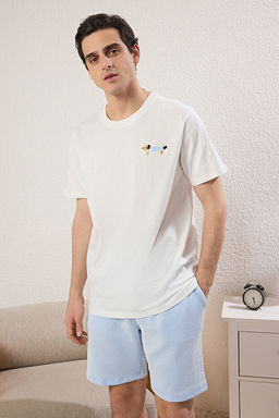 Mavi Unisex Ekru Regular Fit K_pek Nak__l_ _izgili _rme Pijama Tak_m_ TMNSS25PT00007