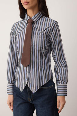 Kahverengi Mavi Cizgili Kravatl? Hafif Bele Oturan Gomlek TWOAW26GO00133 - Trendyolmilla фото 3