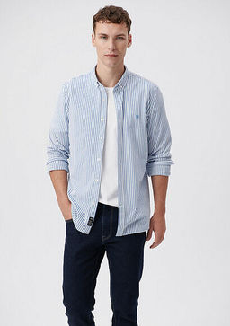 Cizgili Mavi Orme Gomlek