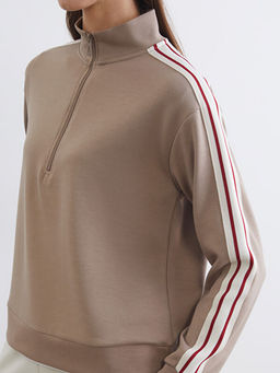 Dik Yaka ?erit Detayl? Kad?n Fermuarl? Sweatshirt