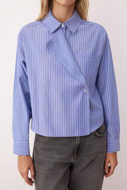 Mavi-Cok Renkli Ceket Yaka Oversize Cizgili Dokuma Gomlek TWOAW26GO00020